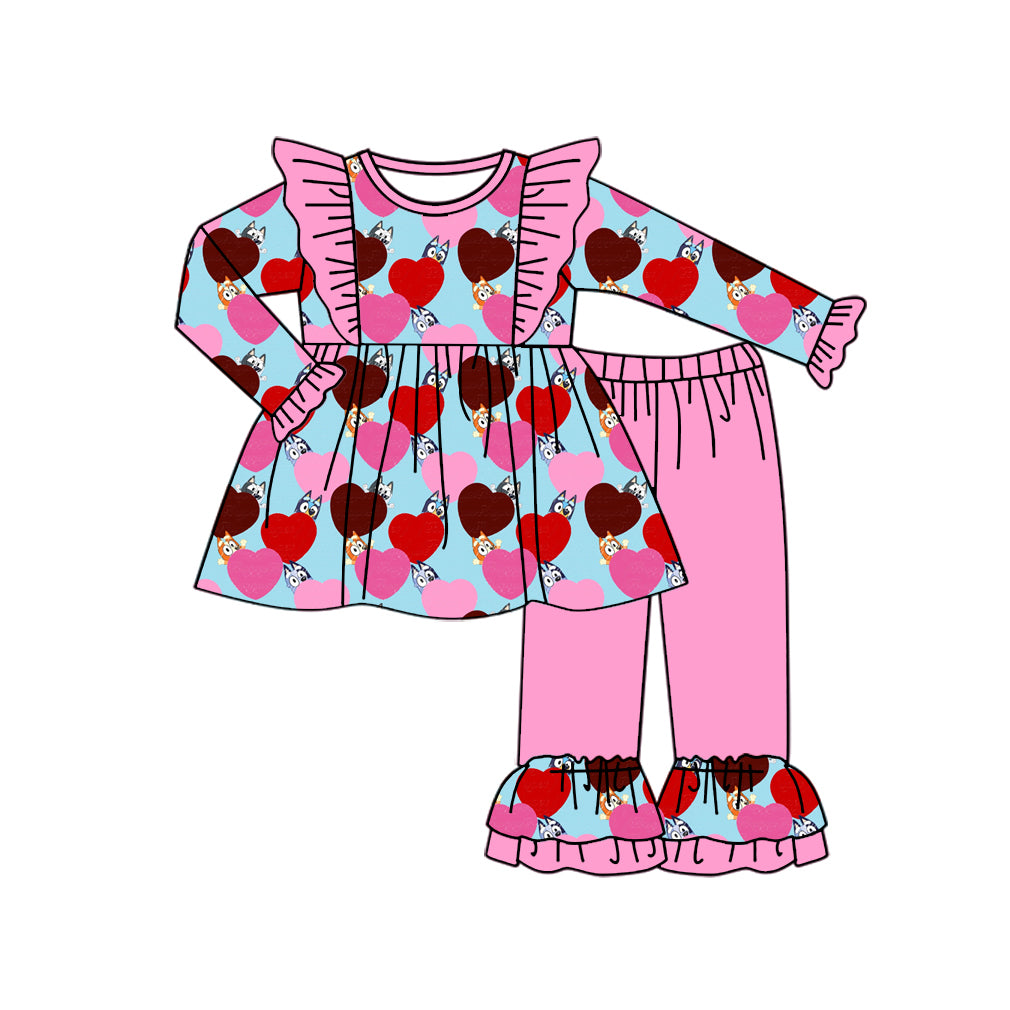 Baby Kids Toddler Valentine Hearts Dog Tunic Pink Pants Set