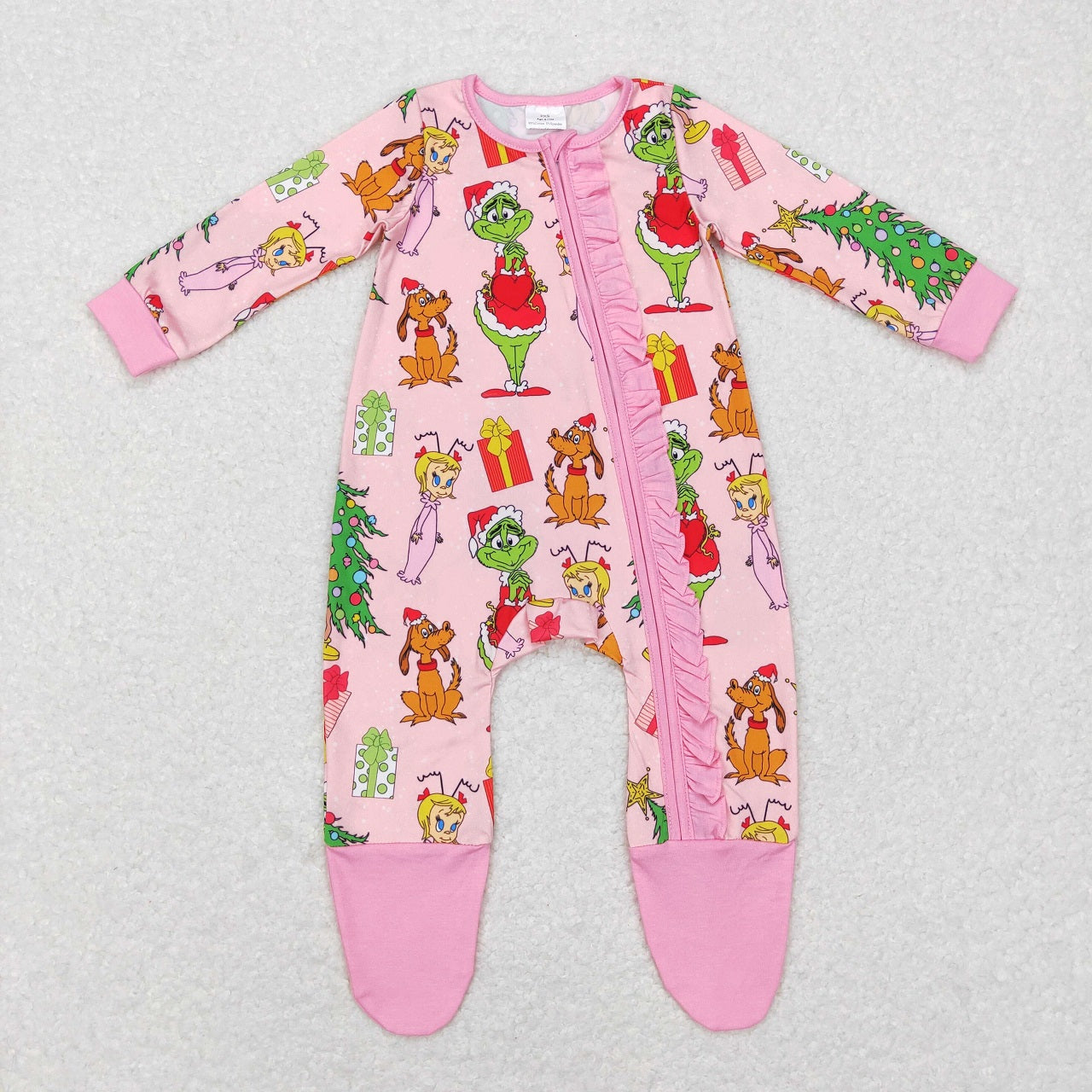 LR0806 Baby Girl Long Sleeves Christmas Face One Piece Zipper Pink Romper