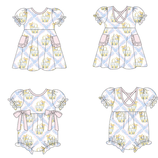 ( Moq 5 Each Style ) Girls Kids Short Sleeves Rabbits Baskets Easter Sibling Romper Dress