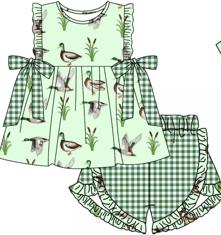 Baby Boy Girl Ducks Green Plaid Sibling Matching Green Dress Romper Clothes Set ( Moq 5 Each style )