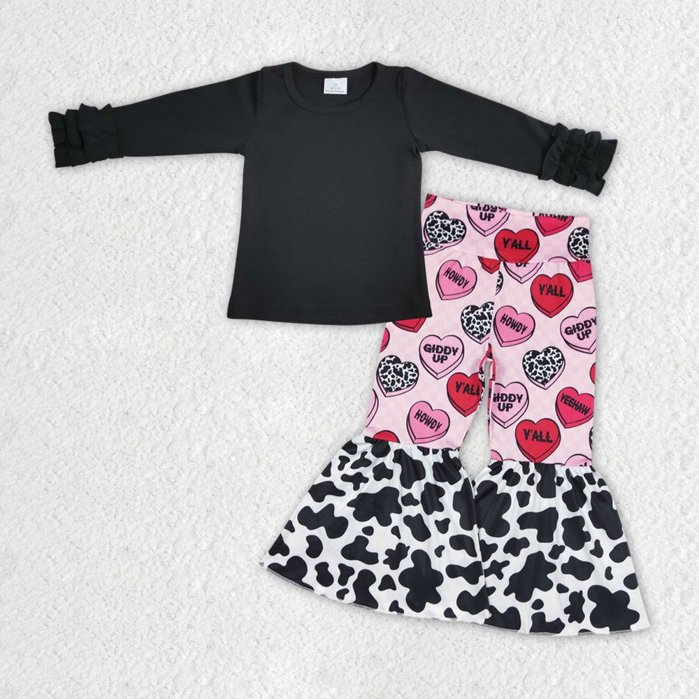 GLP1155 Baby Girl Black Long Sleeves Cotton Shirt Valentine's  Hearts Bell Pants Set