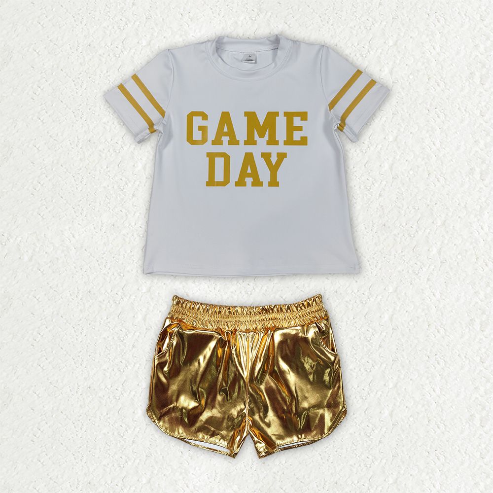 Baby Girls Kids Short Sleeves Game Day Shirt Gold Pockets Shorts Set Team Clothes RTS