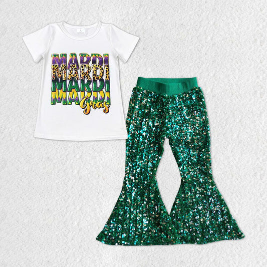 GSPO1327 Baby Girl Short Sleeves Mardi Gras Shirt Green Sequins Pants Set