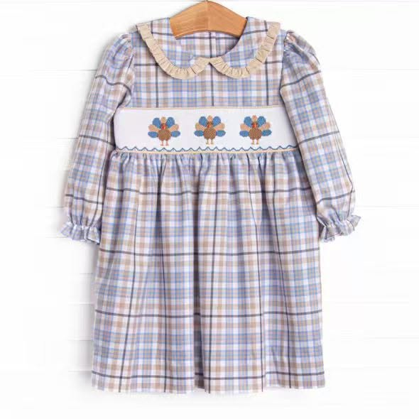 ( Moq 5 ) Preorder Baby Girls Kids turkey Plaid Knee Length Fall Dress Clothes