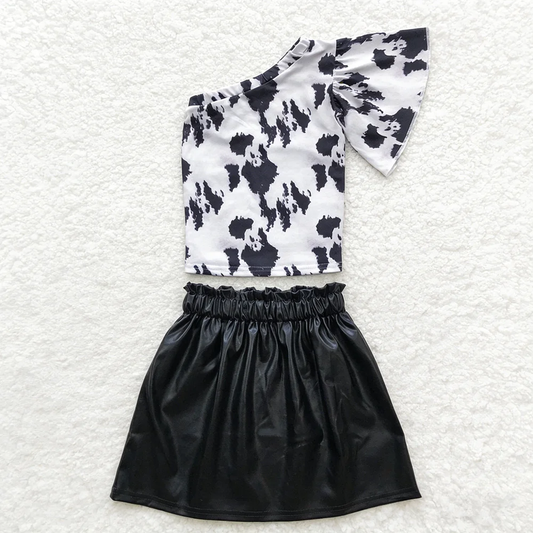 Baby Girl Kids Cow Print Tops Black Leather Skirt Set Western Clothes RTS