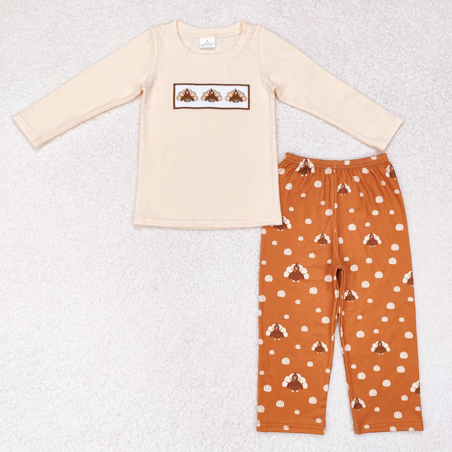 Baby Boy Thanksgiving Long Sleeves Embroidery turkey Shirt Pants Set