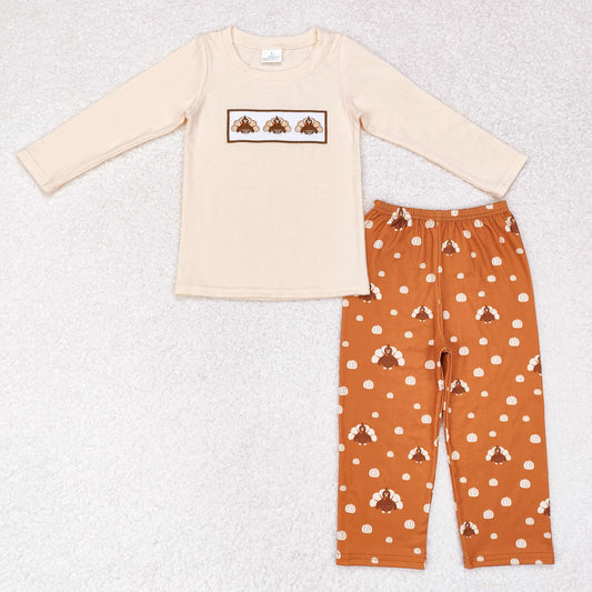 Baby Boy Thanksgiving Long Sleeves Embroidery turkey Shirt Pants Set