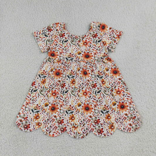Baby Girls Kids Short Sleeves Flower Scallop Knee Length Dress Clothes RTS