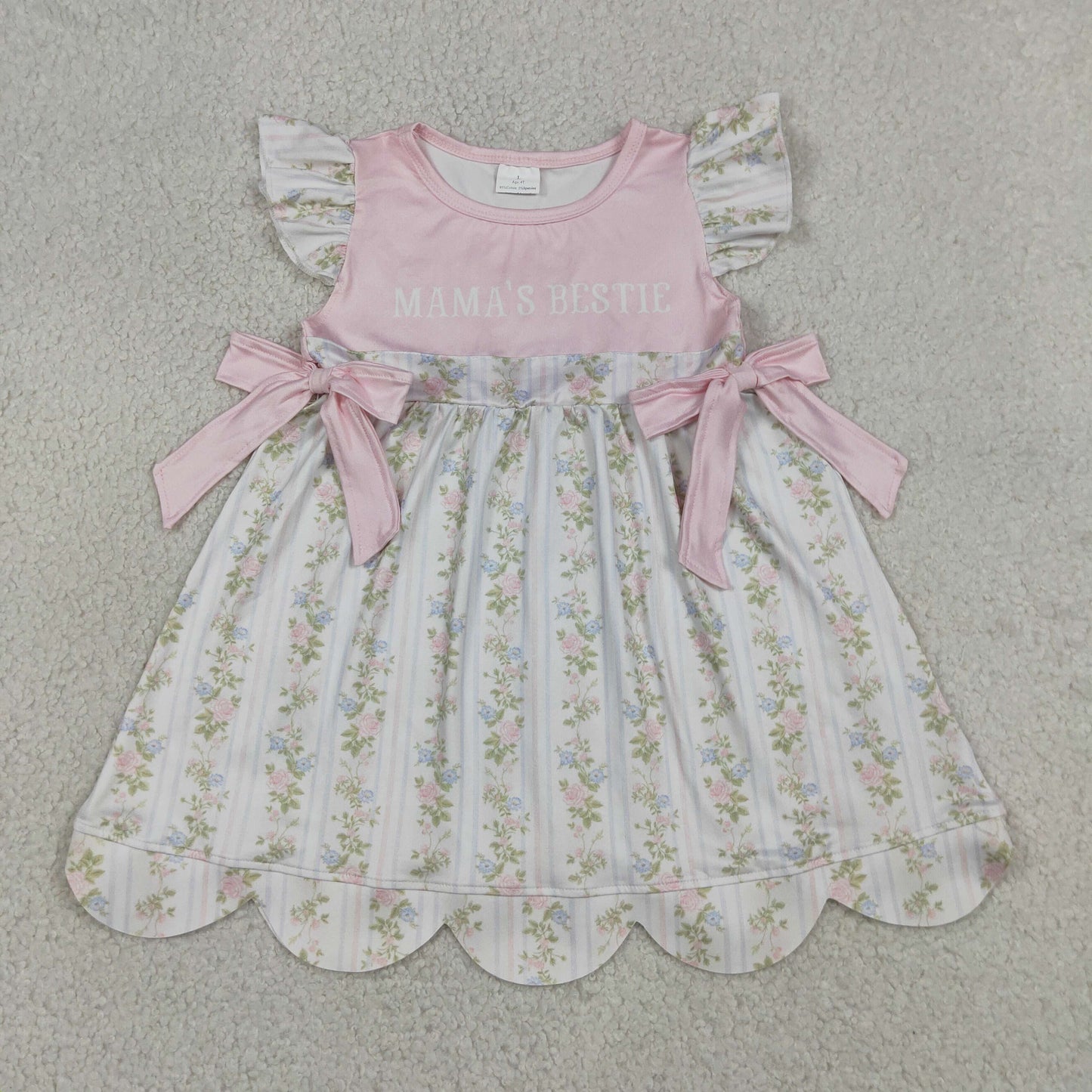 Baby Girls Short Sleeves Mama's Bestie Flower Bows Knee length Dress RTS