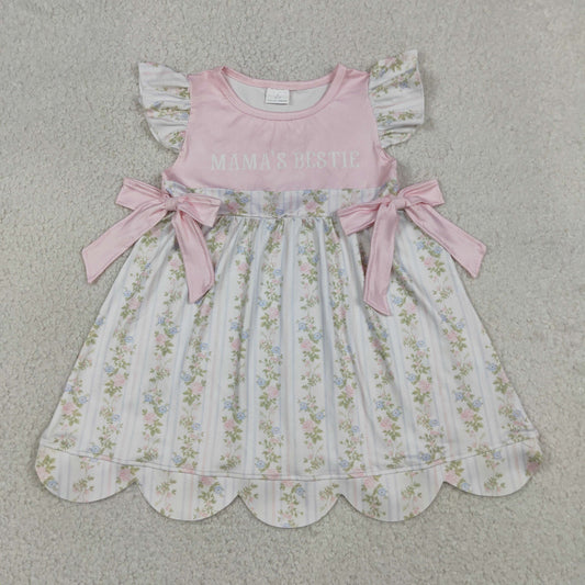 Baby Girls Short Sleeves Mama's Bestie Flower Bows Knee length Dress RTS