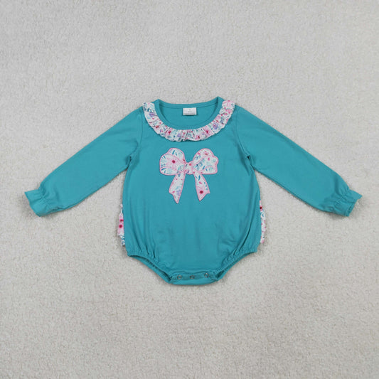 Baby Girl Long Sleeves Embroidery Floral Bow Ruffle Bubble Romper RTS