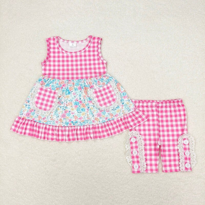 Baby Girl Floral Pink Plaid Sibling Romper Dress Set