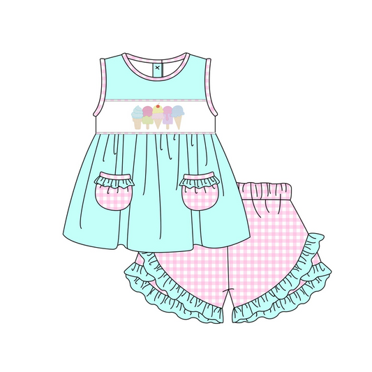 Moq 3 Pre-order GSSO0826 Baby Girl Popsicle Pocket Tops Plaid Ruffle Shorts Summer Set