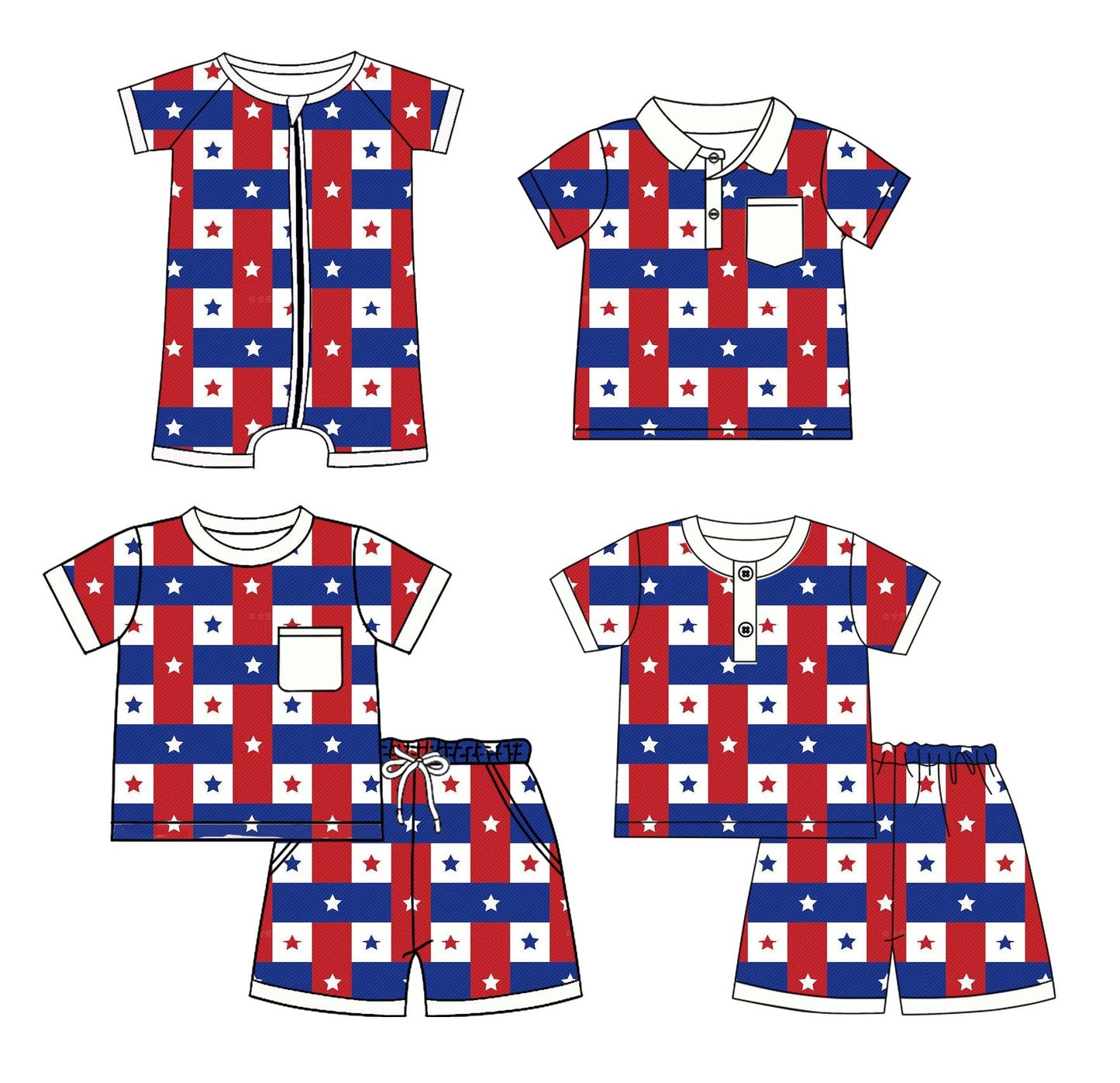 Baby Boy Short Sleeves Stars Checked Sibling Romper Shirt Set ( Moq 5 Each Style ) 3.3