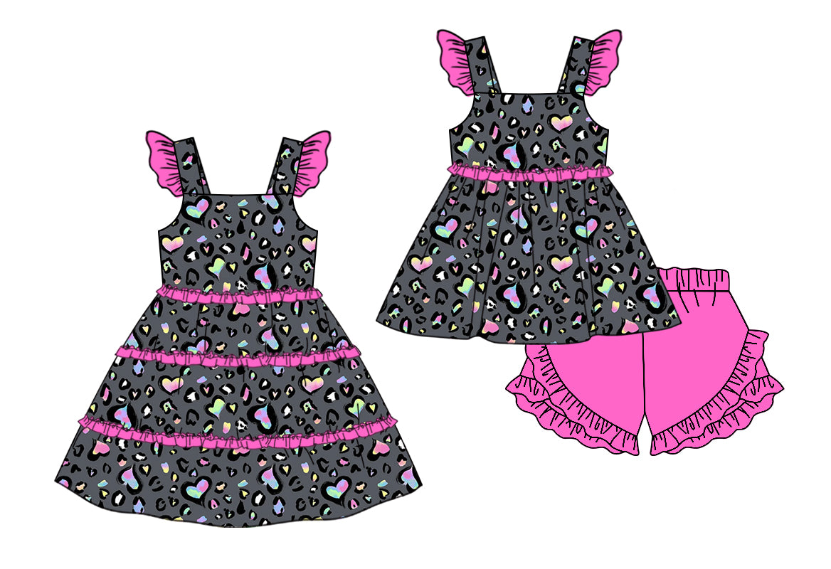 Baby Girl Valentine Leopard Hearts Sibling Matching Dress Clothes Set ( Moq 5 Each Design )