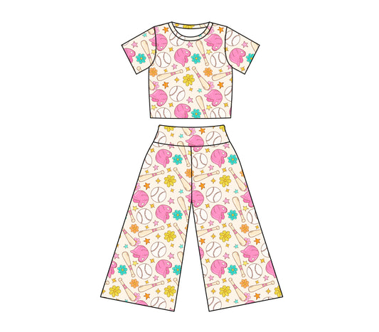 Baby Girl Toddler Short Sleeves Baseball Flower Shirt Pants Clothes Set Moq 5 (11.30)