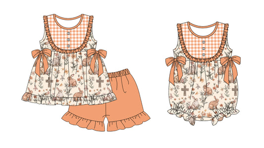 Baby Girl Rabbits Flower Cross Bows Easter Sibling Romper Clothes Set ( Moq 5 Each Design )11.26