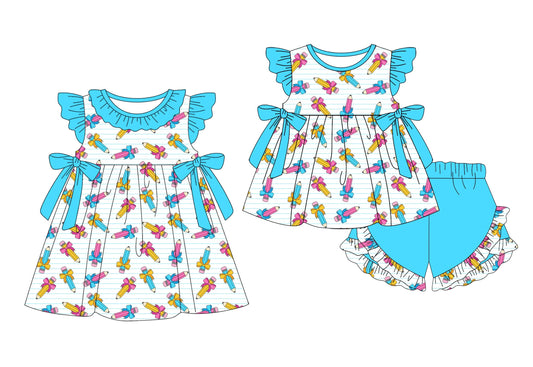 Baby Girl Back To School Pencil Bows Blue Sibling Dress Set ( Moq 5 Each Style ) 1.17