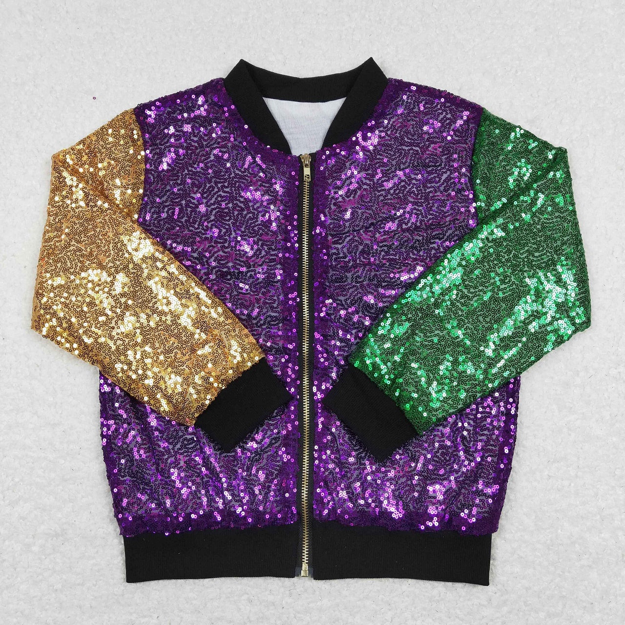 BT0451 Baby Kids Long Sleeves Mardi Gras Zipper Sequins Coat Jacket