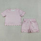 Baby Girls Kids Short Sleeves Pink Plaid Shirt Scallop Shorts Clothes Set RTS