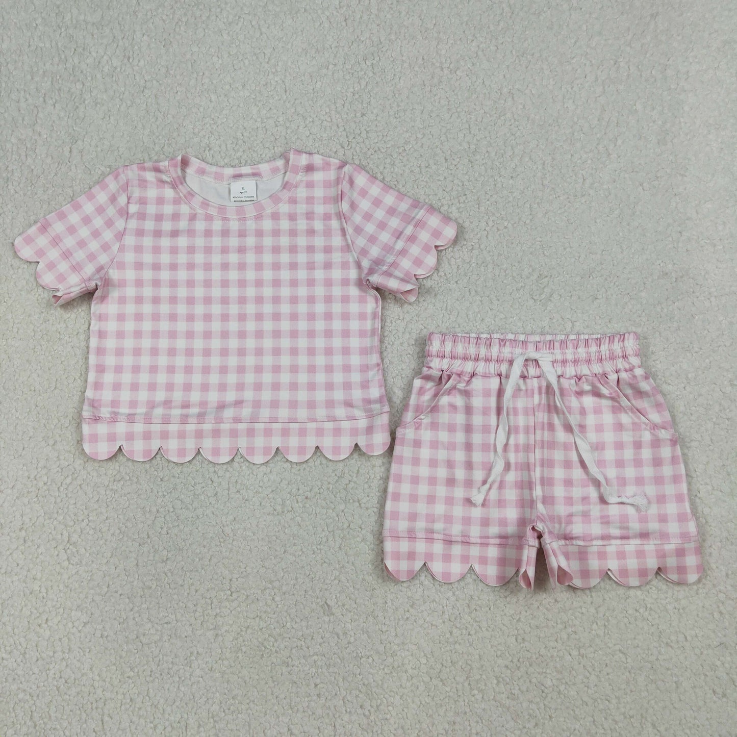 Baby Girls Kids Short Sleeves Pink Plaid Shirt Scallop Shorts Clothes Set RTS