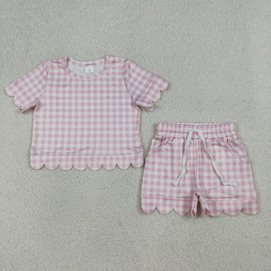 Baby Girls Kids Short Sleeves Pink Plaid Shirt Scallop Shorts Clothes Set RTS