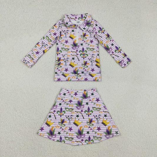 Baby Girls Anchors Masks Zipper Pocket Tops Skort Yoga Mardi Gras Set RTS