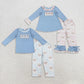 Sibling Girls Boys Kids Blue Long Sleeves Christmas Embroidery Santa Tops Pants Clothes Set RTS