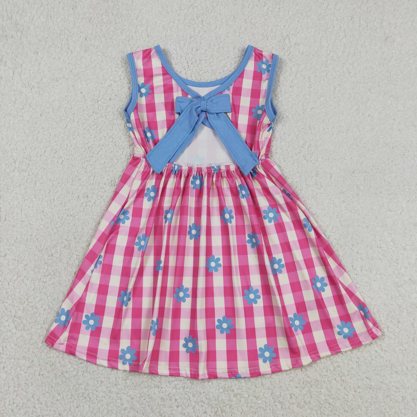 Baby Girls Kids Bows Sleeveless Pink Plaid Flower Knee Length Dress RTS