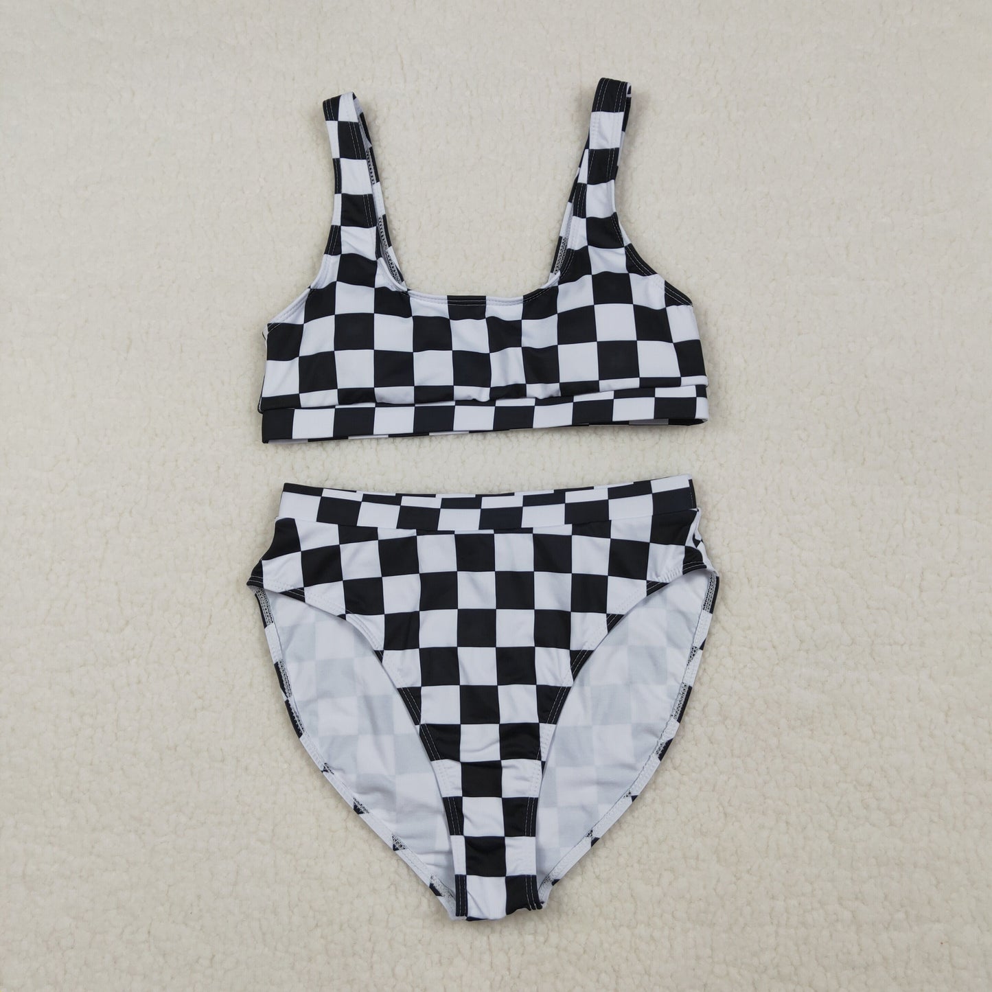 Adult Women Sleeveless Checked Tops Shorts Sibling Summer Swimsuit Sets RTS