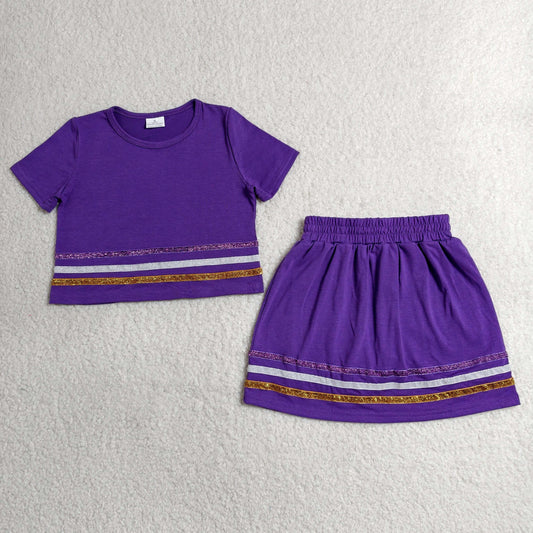 Baby Girls Kids Purple Short Sleeves Stripes Shirt Scallop Skirt Shorts Set Cotton Clothes RTS