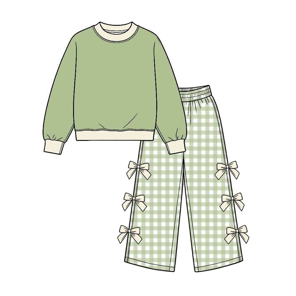 ( Moq 5 ) Preorder Baby Girls Kids Long Sleeves Green Shirt Bows Plaid Pants Set Cotton Clothes
