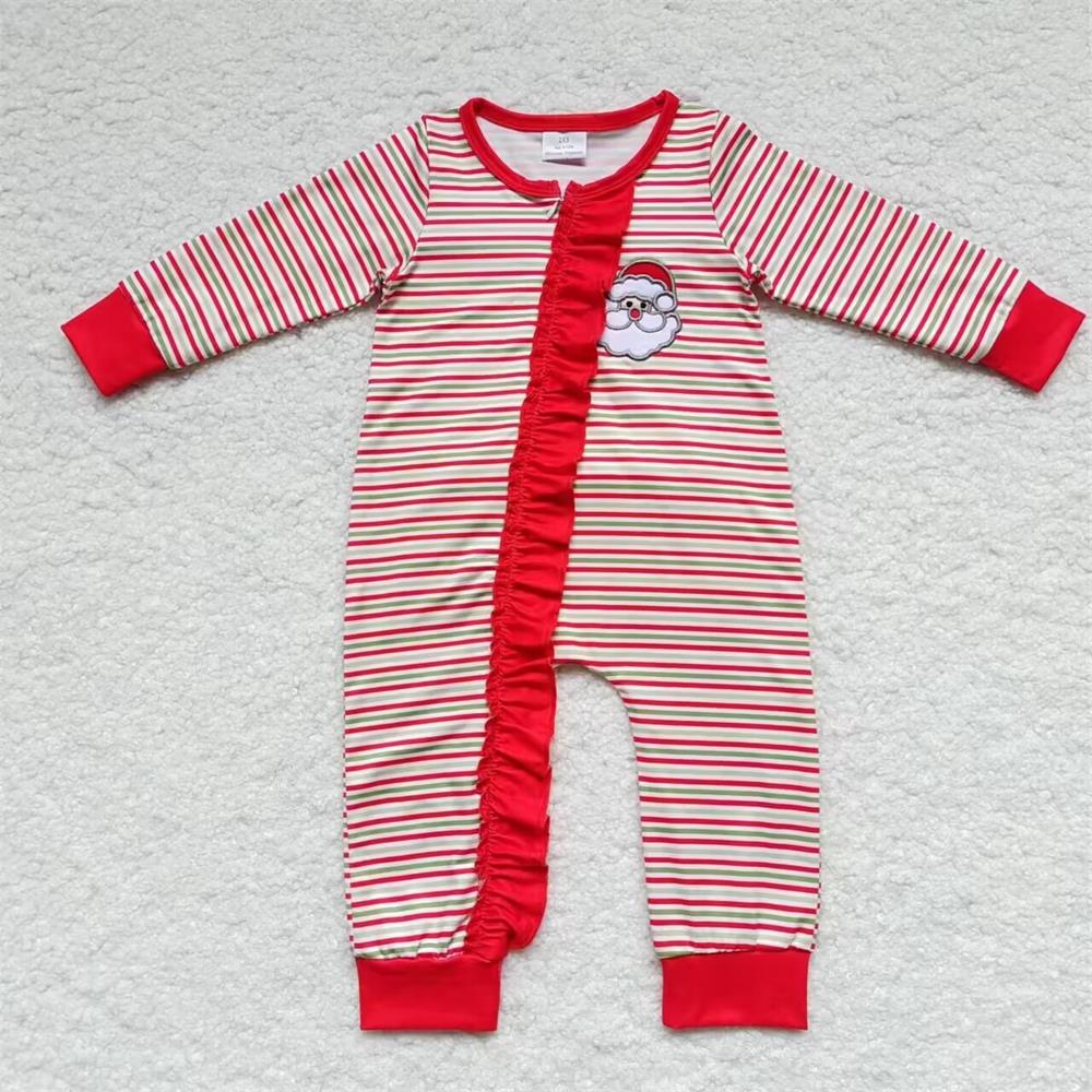 LR0442 Baby Boy Embroidery Christmas Santa Stirpes Zip Romper