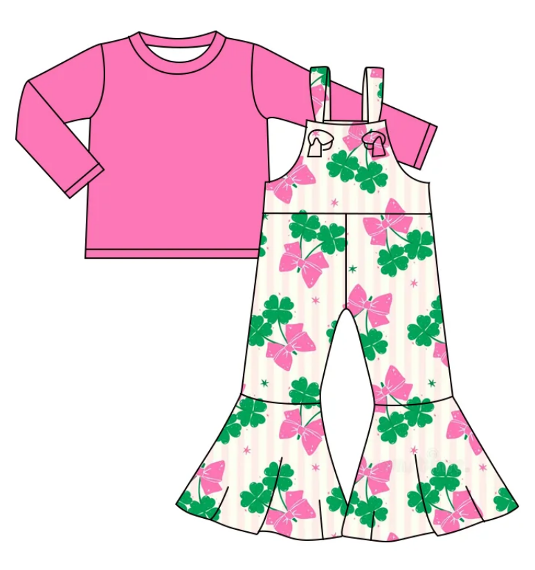 ( Moq 5 Each Style ) Baby Girls Clovers Bows St. Patrick's Day Sibling Hoodie Shirt Sets