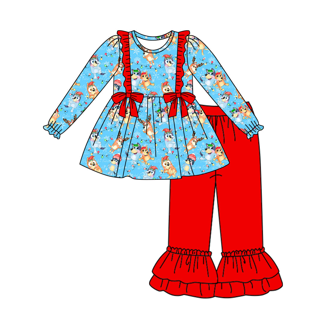 Moq 5 Baby Girls Christmas Long Sleeves Dogs Tops Ruffle Pants Set