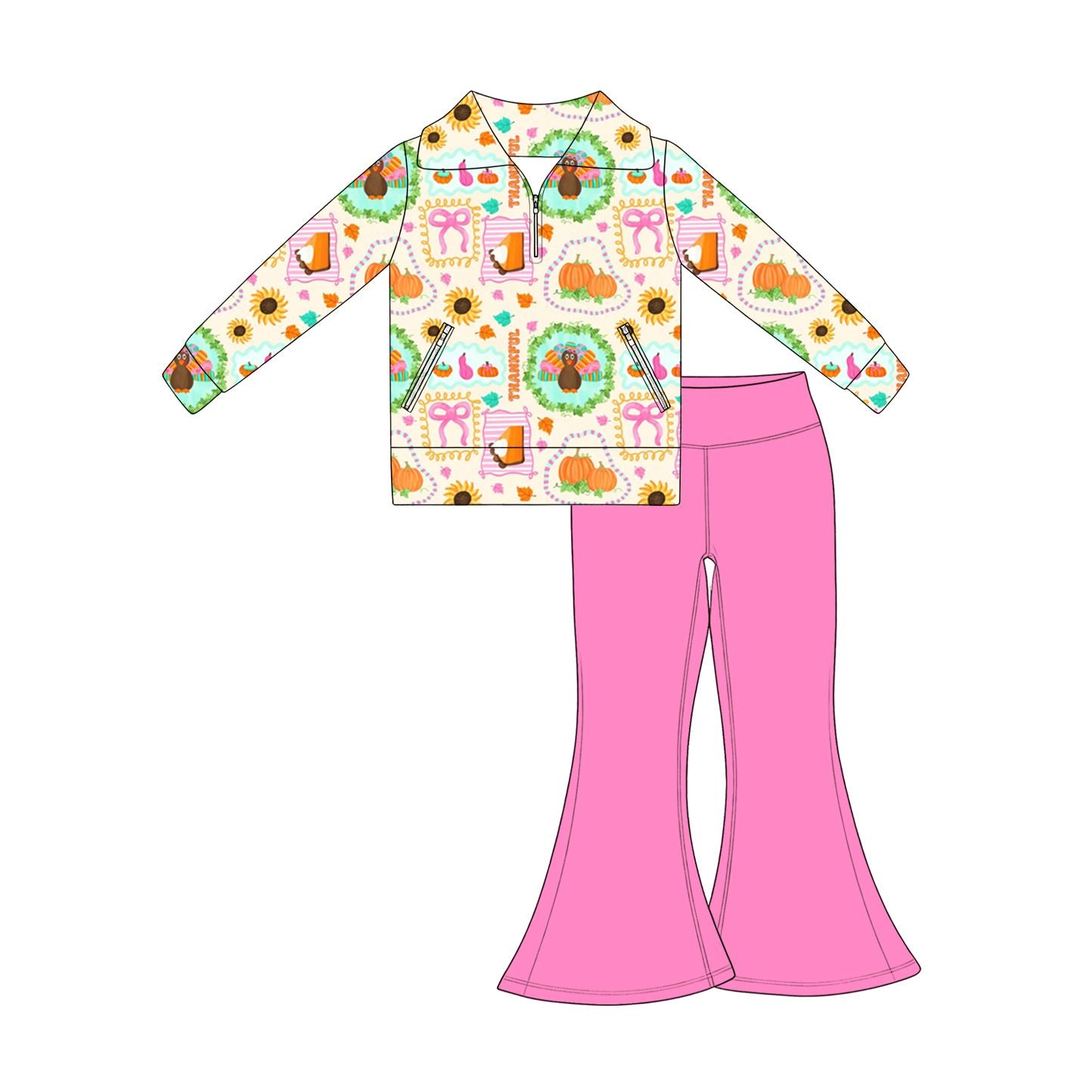 ( Moq 5 ) Preorder Baby Girls Kids Pumpkins turkey Bows Zipper Pockets Tops Pink Pants Set Fall Clothes