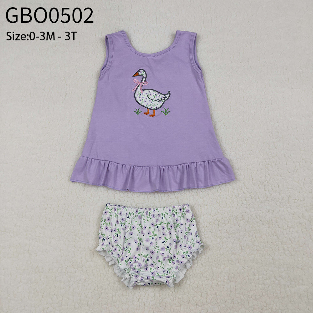 Baby Girls Kids Sleeveless Embroidery Goose Purple Tops Floral Bummie Shorts Set RTS
