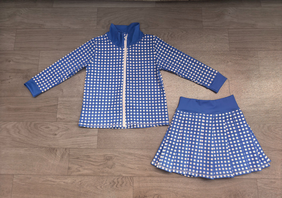 ( No moq ) Preorder Baby Girls Kids Long Sleeves Blue Plaid Zipper Tops Skirt Shorts Set Yoga Active Clothes