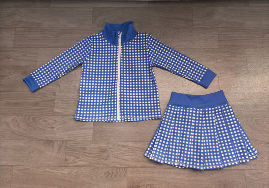 ( No moq ) Preorder Baby Girls Kids Long Sleeves Blue Plaid Zipper Tops Skirt Shorts Set Yoga Active Clothes