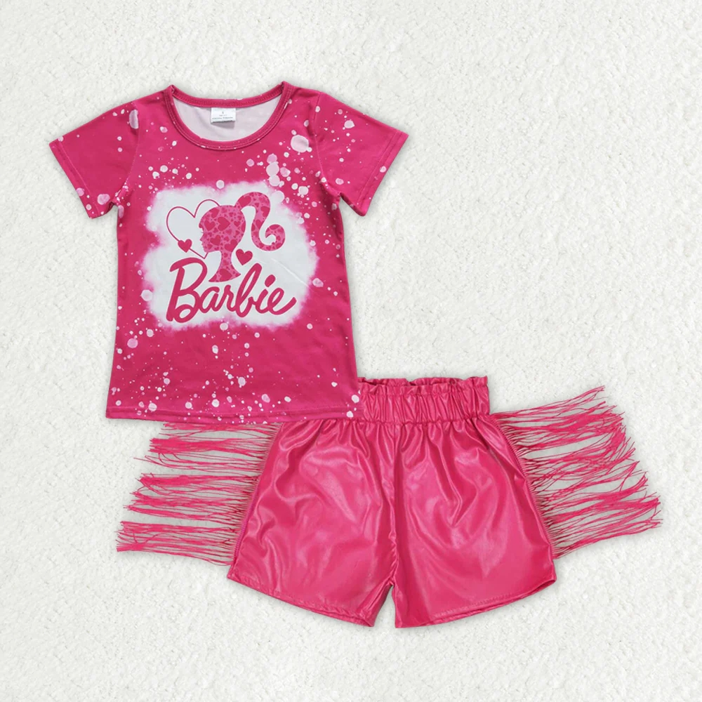 Baby Girl Pink Short Sleeves Doll Hearts Shirt Tassel Leather Pink Shorts Valentines Set