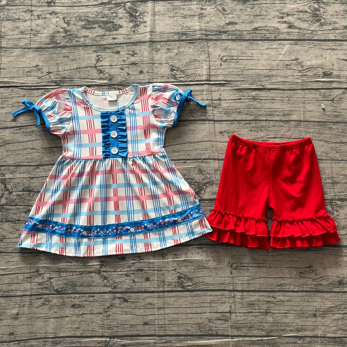 Baby Girls Short Sleeves Plaid Ruffle Tunic Red Shorts July 4th Clothes Set RTS