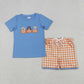 Baby Girl Short Sleeves Embroidery Dogs Pumpkins Tops Plaid Ruffle Shorts Fall Set RTS