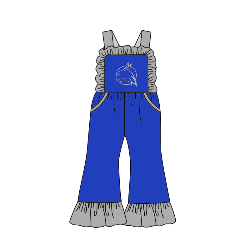 Baby Girl Straps Blue Team Pockets Ruffle Pants Jumpsuit ( Moq 5 )