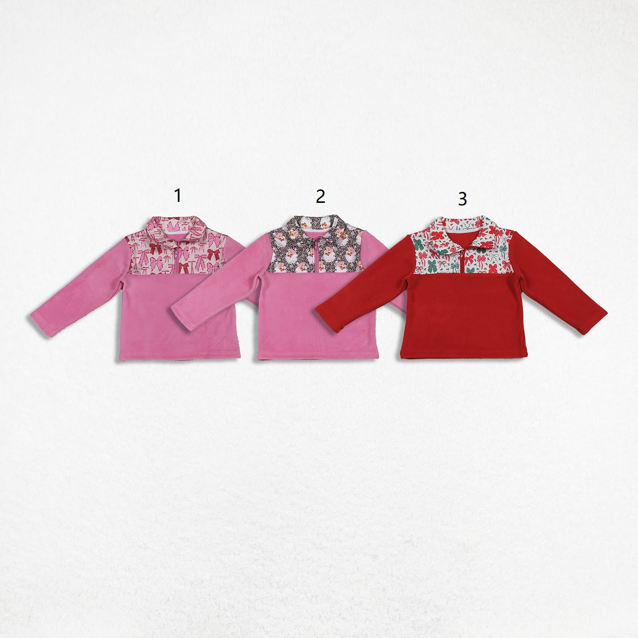 Sibling Baby Girl Pink Long Sleeves Bows Santa Zipper Fleece Pullover Christmas Shirt RTS