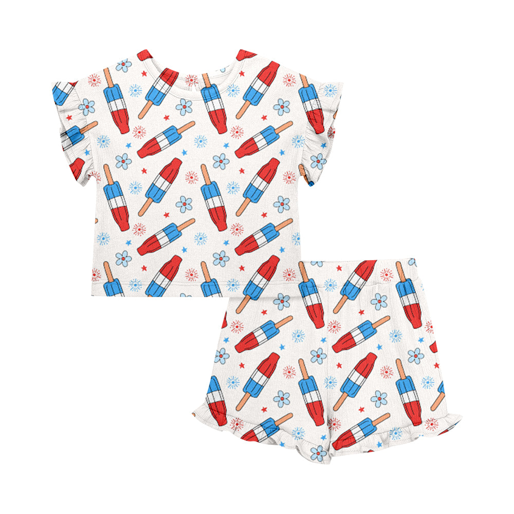 ( Moq 5 Each Style ) Sibling Baby Girls Kids Short Sleeves Popsicle Bows Shirts Shorts 4th of July Sets