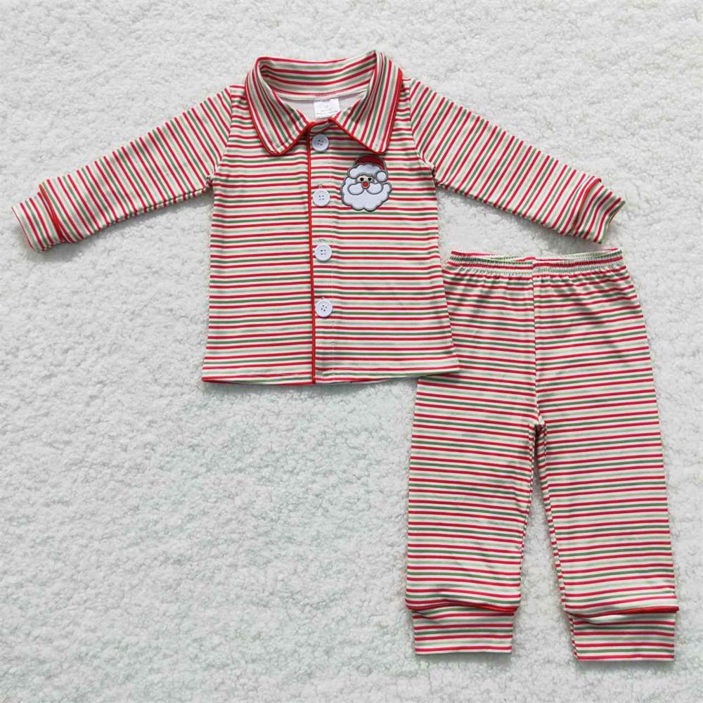 GLP0550 Christmas Embroidery Santa Baby Girl Long Sleeves Button Up Cardigan Pants Striped Outfit Pajamas