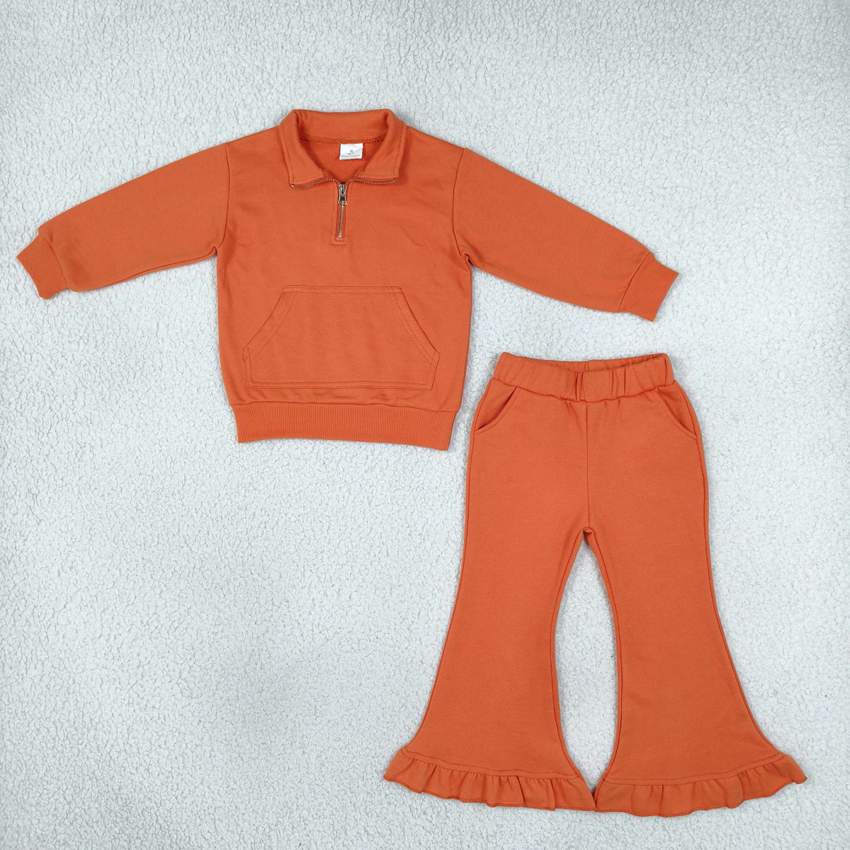 Baby Girls Kids Long Sleeves Orange Zipper Shirt Pockets Pants Set Sweatsuit‌ Cotton Clothes RTS