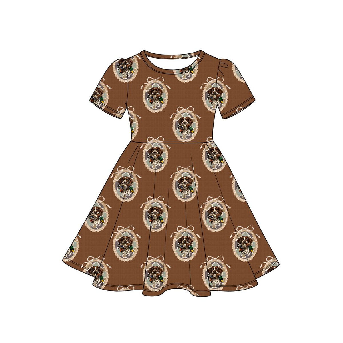 ( Moq 5 ) Preorder Baby Girls Kids Short Sleeves Dogs Ducks Bows Dress Hunting Clothes