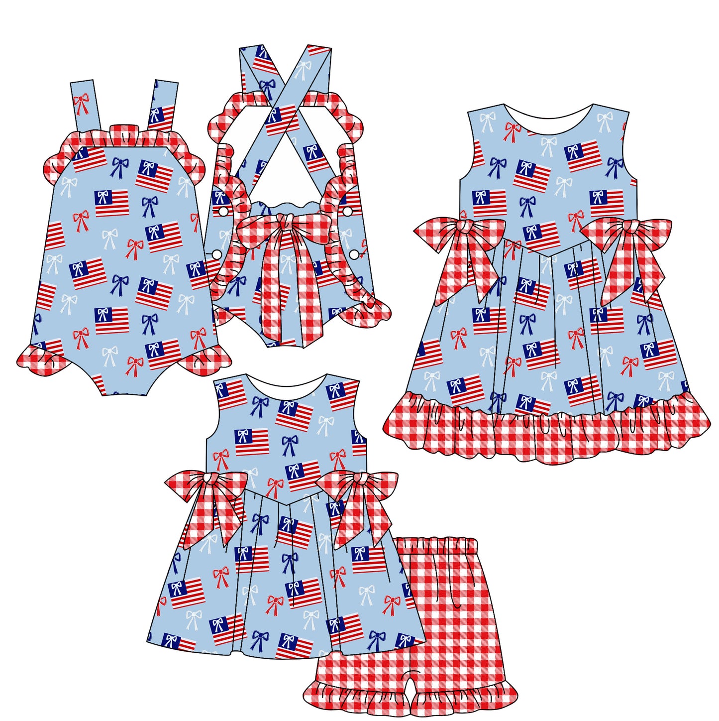 ( Moq 5 Each Style ) Baby Girls Kids Sleeveless Flags Bows Sibling 4th of July Romper Dress Set