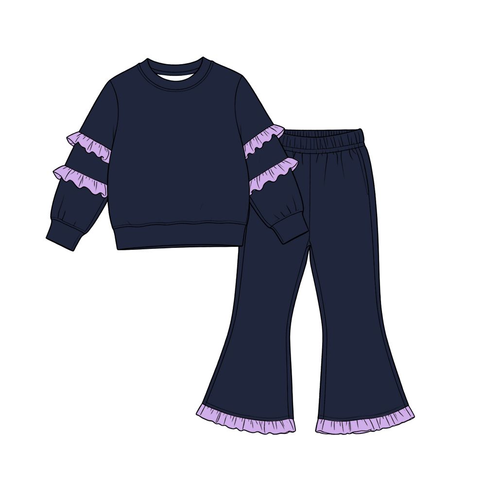 ( Moq 5 ) Preorder Baby Girls Kids Purple Ruffle Shirt Bell Pants Navy Set Cotton Clothes